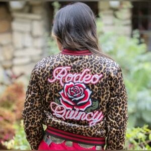 New w/o Tags Rodeo Quincy Leopard Bomber Soft Jacket with Red Rose Patch Large